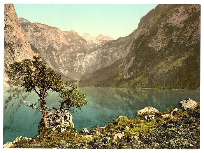The Obersee in Upper Bavaria, Bavaria, Germany, Historic, digitally restored reproduction of a photochrome print from the 1890s, Europe, by Sunny Celeste