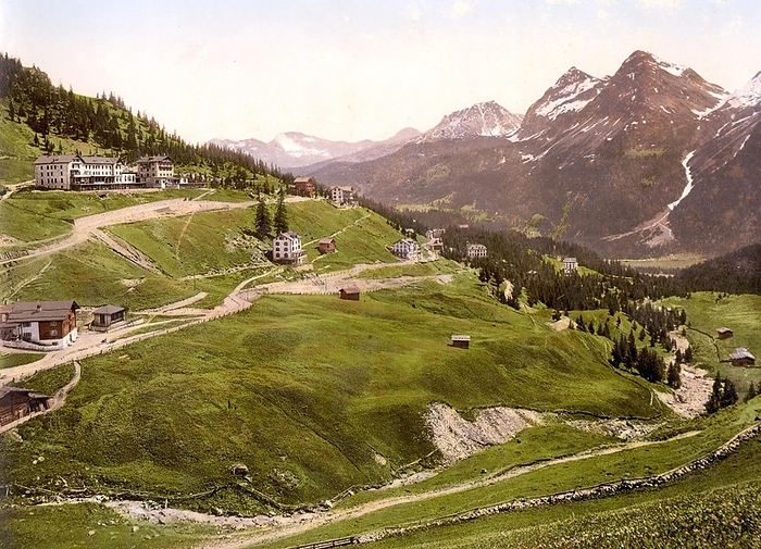 The climatic health resort of Arosa is a historic spa and resort town with private and public high-altitude clinics, sanatoriums, pulmonary sanatoriums, guesthouses and spa hotel in the mountain municipality of Arosa in the canton of Graubünden, in Switzerland, Historic, c. 1900, digitally restored reproduction after an original from the 19th century, The climatic health resort of Arosa is a historic spa and resort town with private and public high-altitude clinics, sanatoriums, pulmonary sanatoriums, guesthouses and spa hotel, by Sunny Celeste
