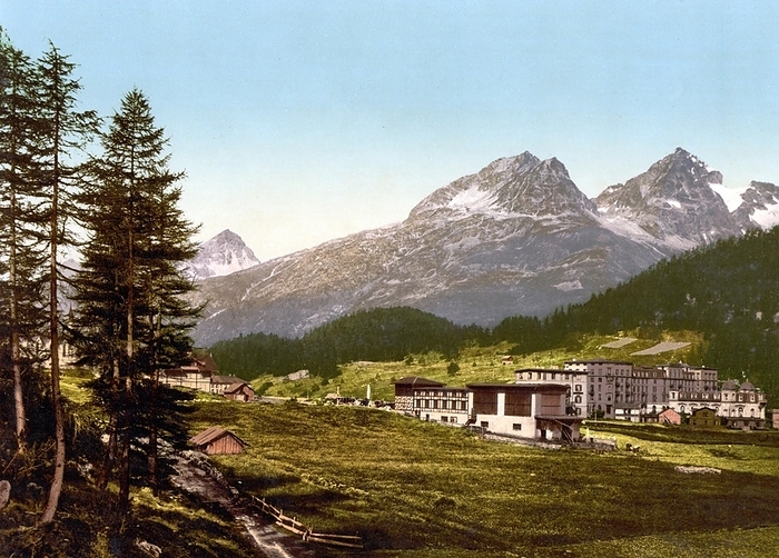 Engadin, St. Moritz and view of the mountains Pulaschin, Albana and Julier, Graubünden, Switzerland, Historical, around 1900, digitally restored reproduction after an original from the 19th century, St. Moritz and view of the mountains Pulaschin, Switzerland, Historical, around 1900, digitally restored reproduction after an original from the 19th century, Europe, by Sunny Celeste