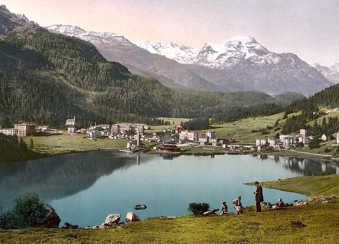 St. Moritz, town and Lake St. Moritz, Engadin, Graubünden, Switzerland, Historical, c. 1900, digitally restored reproduction after an original from the 19th century, town and Lake St. Moritz, Switzerland, Historical, c. 1900, digitally restored reproduction after an original from the 19th century, Europe, by Sunny Celeste
