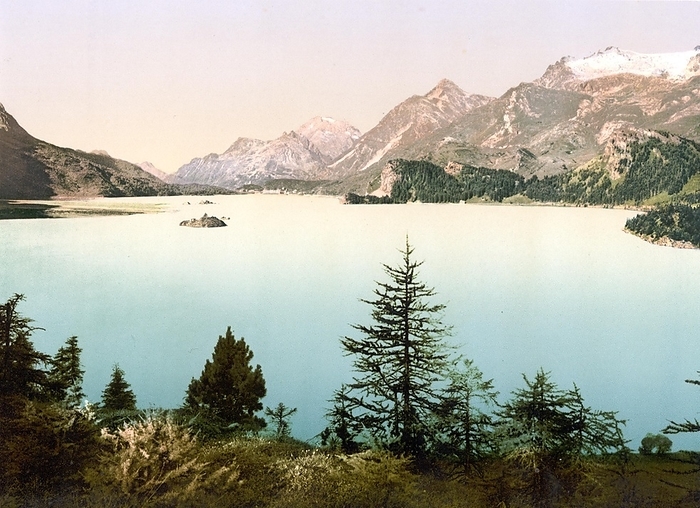View over the upper Engadine, Upper Engadine, and Lake Sils, Alpine landscape, Graubünden, Switzerland, Historical, around 1900, digitally restored reproduction after an original from the 19th century, View over the upper Engadine, Upper Engadine, and Lake Sils, Alpine landscape, Grisons, Switzerland, Historical, around 1900, digitally restored reproduction after an original from the 19th century, Europe, by Sunny Celeste