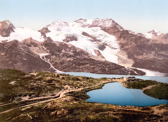 Upper Engadine, Bernina hospice and Cambrena glacier, mountain glacier in the Bernina group, Graubünden, Switzerland, Historical, around 1900, digitally restored reproduction after an original from the 19th century, Upper Engadine, Bernina hospice and Cambrena glacier, mountain glacier in the Bernina group, Switzerland, Historical, around 1900, digitally restored reproduction after an original from the 19th century, Europe, by Sunny Celeste