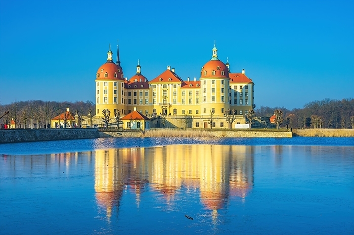 Exterior view of Moritzburg Castle in winter with half-frozen castle pond from the south, Moritzburg near Dresden, Saxony, Germany, Europe, by Ullrich Gnoth