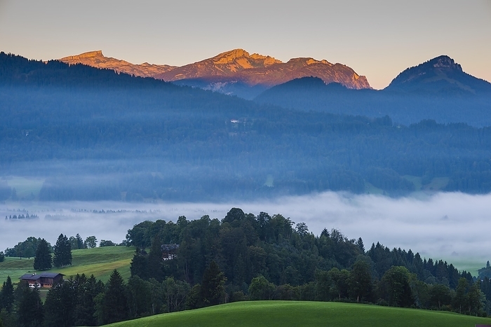 Stillachtal with early morning fog, near Oberstdorf, Oberallgäu, Bavaria, Germany, behind Hoher Ifen, 2233m and Toreck, 2029m, Vorarlberg, Austria, Europe, by Walter G. Allgöwer