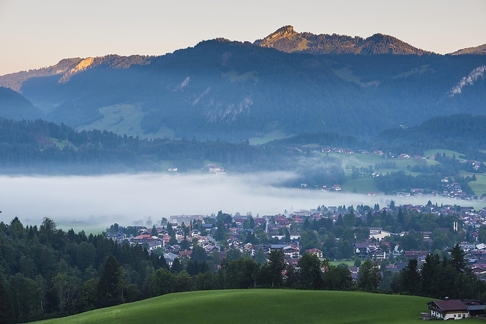 Stillachtal with early morning fog, Oberstdorf, behind Engenkopf, 1282m, Oberallgäu, Bavaria, Germany, Europe, by Walter G. Allgöwer