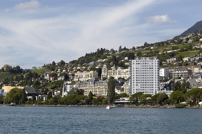 View of Montreux, Palace Hotel and Eurotel, Montreux, Lake Geneva, Switzerland, Europe, by Edwin Stranner