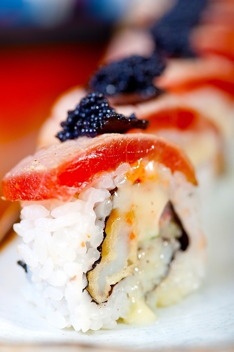 Macro closeup of fresh sushi choice combination assortment selection, by Francesco Perre
