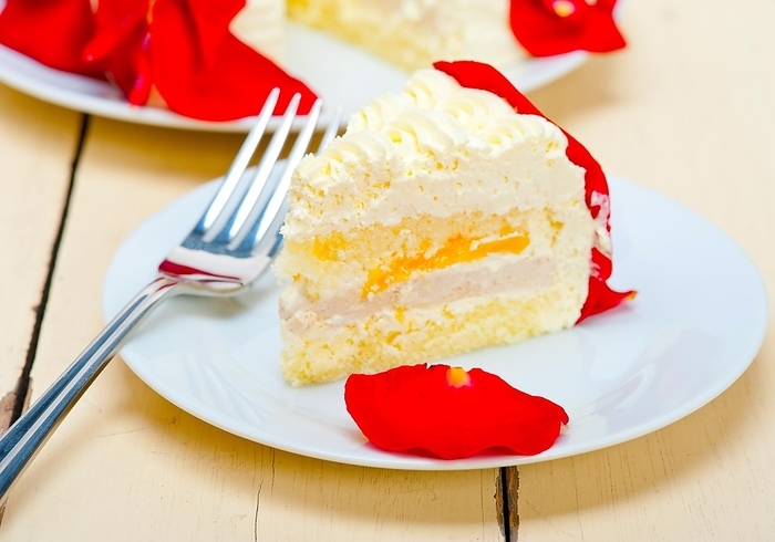 Whipped cream mango cake with red rose petals, by Francesco Perre