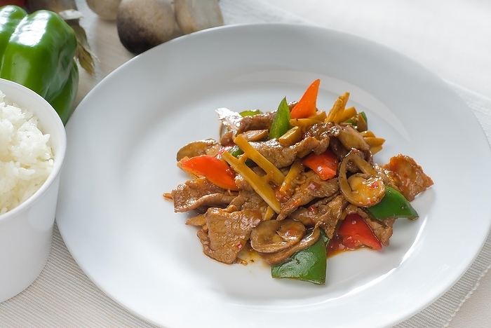 Typical chinese dish, fresh beef stir fried with pepperrs bamboo sprout and mushrooms, by keko64