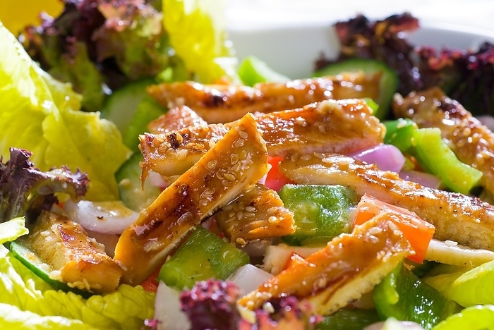 Fresh colorfull sesame chicken salad close up, by keko64