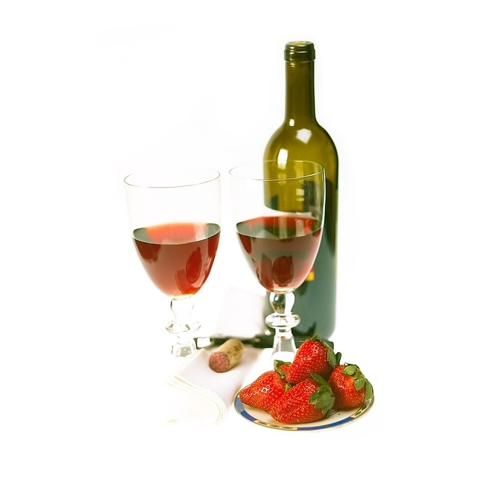Opened red wine bottle and two glasses and fresh strawberries isolated on white, by keko64