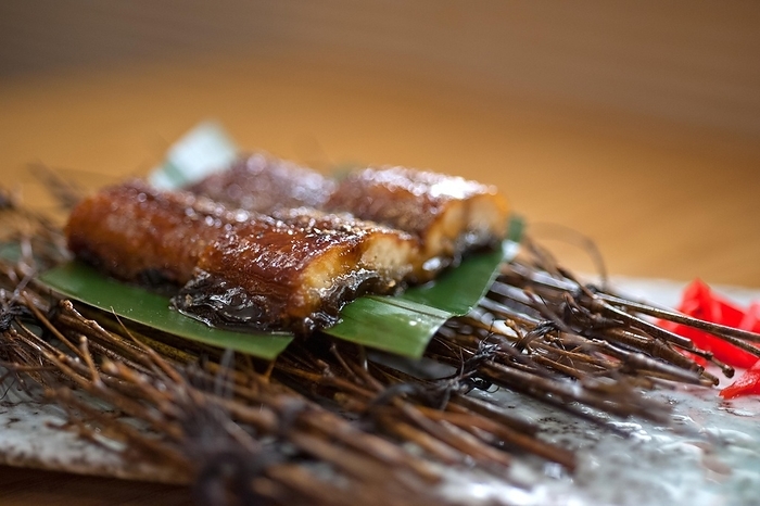 Japanese style roasted eel served on palm leaf, by Francesco Perre