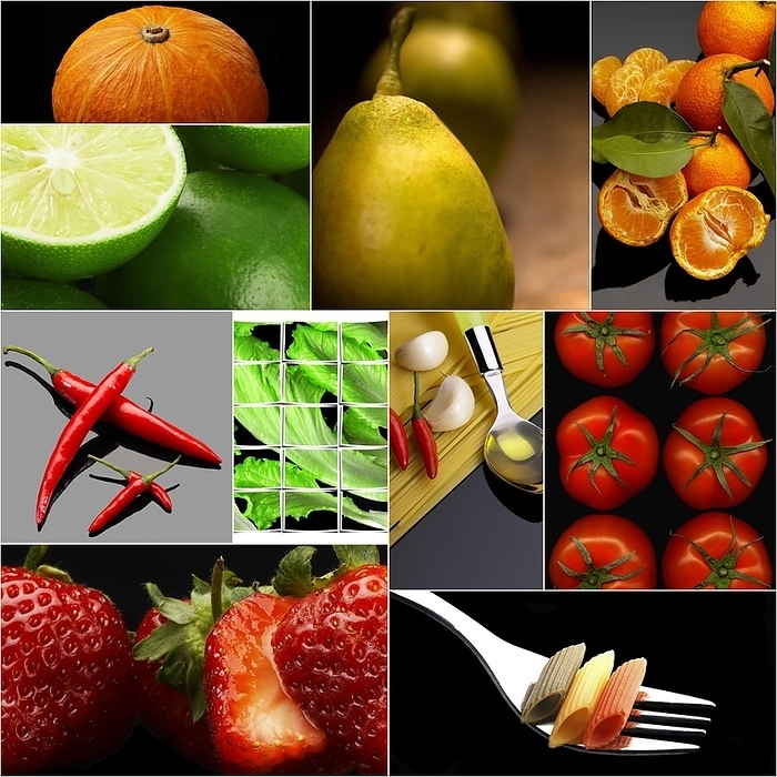 Organic Vegetarian Vegan dietetic food collage dark mood, by Francesco Perre
