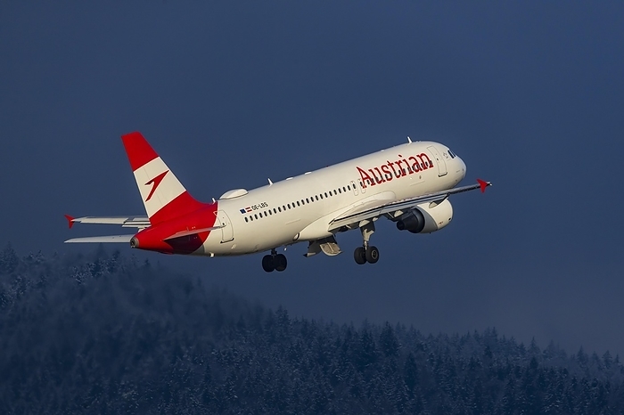 Aircraft taking off, Austrian Airlines, AUA, Airbus A320-200, snow lies on the mountains, Kranebitten Airport, Innsbruck, Tyrol, Austria, Europe, by Arnulf Hettrich