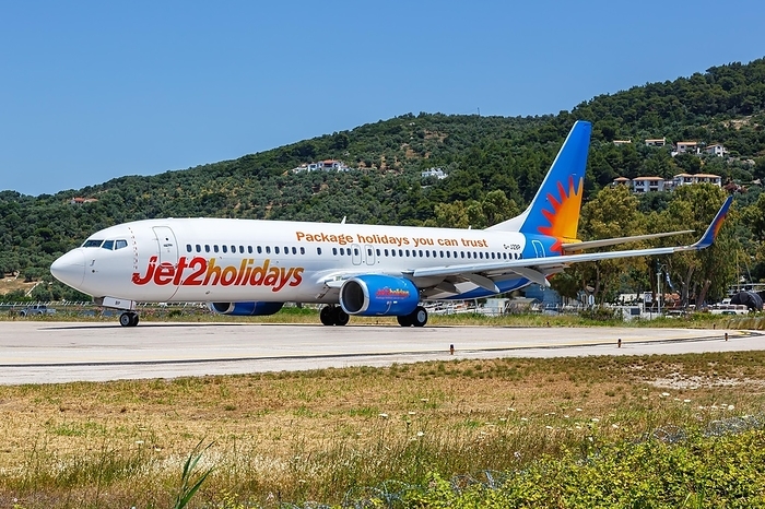 A Boeing 737-800 Jet2 aircraft with registration G-JZBP at Skiathos Airport, Greece, Europe, by Markus Mainka