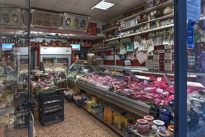 Grocery shop with meat counter in the historic centre, Genoa, Italy, Europe, by Helmut Meyer zur Capellen