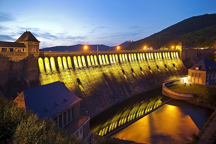 The Edersee dam wall illuminated by LED spotlights holds the German record as the longest permanently illuminated object, Edertalsperre, Hesse, Germany, Europe, by Stefan Ziese