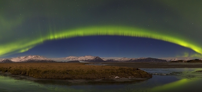Iceland Northern Lights, Aurora borealis, polar lights, weather phenomenon showing natural light display over Hornafj r ur in winter, Austurland, Iceland, Europe, by alimdi   Arterra