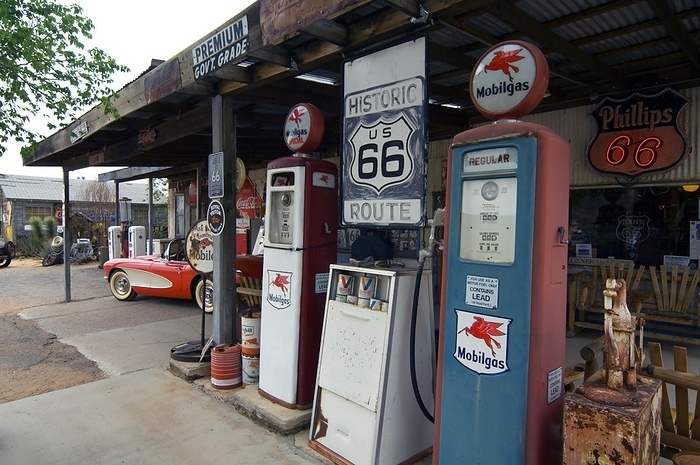 Old Corvette vintage car at gas pump of the General Store along the historic Route 66 in the Hackberry ghost town in Arizona, US, by alimdi / Arterra