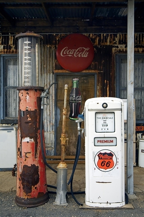 Vintage gas pump at petrol station of the General Store along the historic Route 66 in the Hackberry ghost town in Arizona, US, by alimdi / Arterra