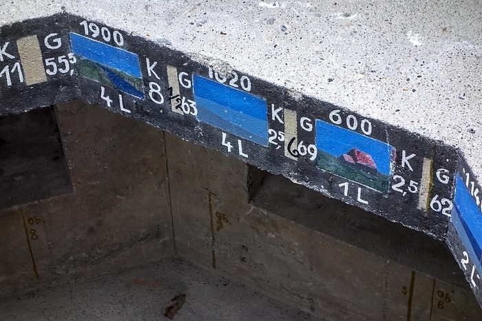 Range finding coordinates and images of landscape elements painted on upper edge of German World War Two bunker at Utah Beach, Normandy, France, Europe, by alimdi / Arterra / Philippe Clément