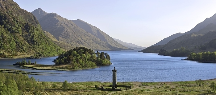 The Glenfinnan Monument on the shores of Loch Shiel, erected in 1815 to mark the place where Prince Charles Edward Stuart, Bonnie Prince Charlie raised his standard, at the beginning of the 1745 Jacobite Rising, Lochaber, Highlands, Scotland, UK, by alimdi / Arterra / Philippe Clément