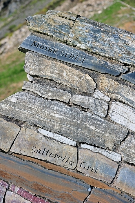 Different layers of rock, part of the Knockan Puzzle at the Knockan Crag National Nature Reserve, Highlands, Scotland, United Kingdom, Europe, by alimdi / Arterra / Philippe Clément