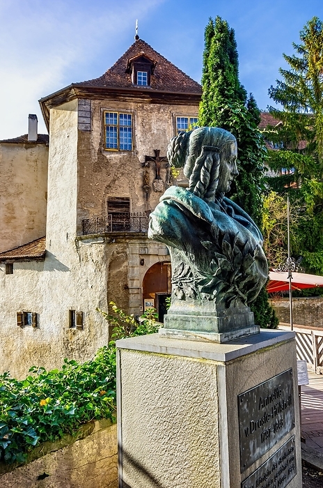 Monument in honour of Annette von Droste-Hülshoff in front of the Old Castle, Meersburg on Lake Constance, Baden-Württemberg, Germany, Europe, by Ullrich Gnoth