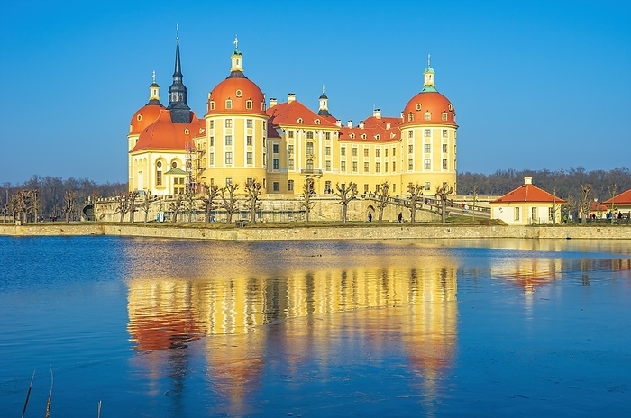 Exterior view of Moritzburg Castle in winter with half-frozen castle pond from the southwest, Moritzburg near Dresden, Saxony, Germany, Europe, by Ullrich Gnoth