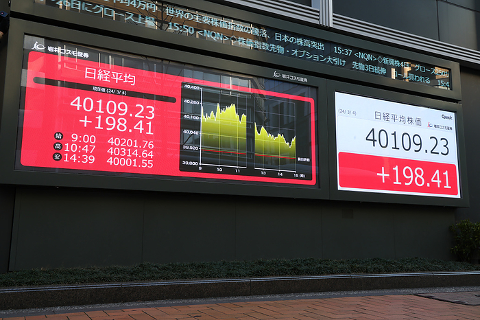 The Nikkei share average rose above 40,000 A picture shows the closing price of Japan s Nikkei share average displayed on a signboard in Tokyo, Japan on March 4, 2024. The Nikkei share average rose above 40,000 on Monday for the first time ever.  Photo by Naoki Morita AFLO 