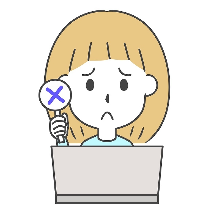 Clip art of woman holding out a cross in front of a laptop computer