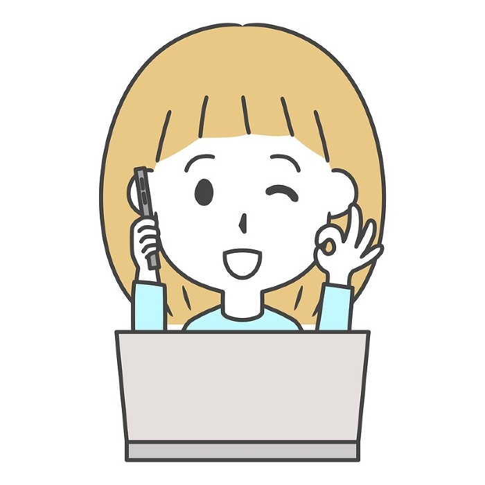 Illustration of a woman making a phone call while signing OK in front of a laptop computer