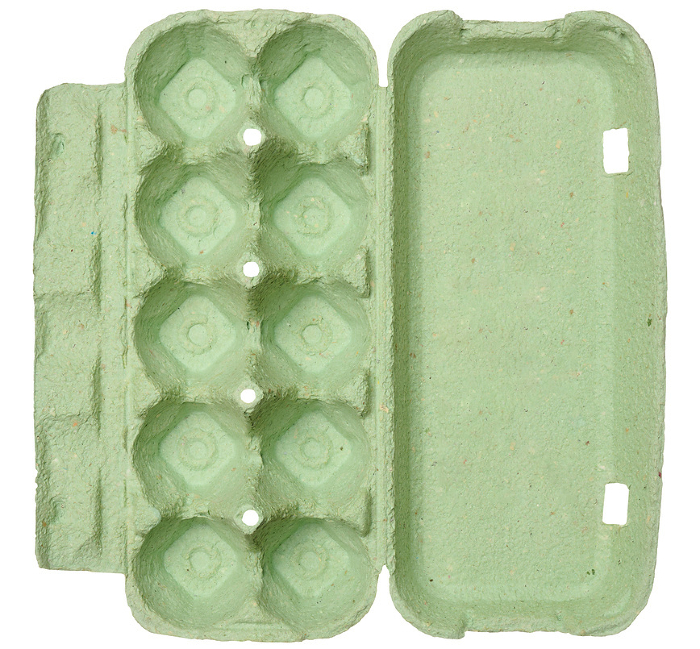 Green recycled egg carton on isolated background, storage. Top view Green recycled egg carton on isolated background, storage. Top view