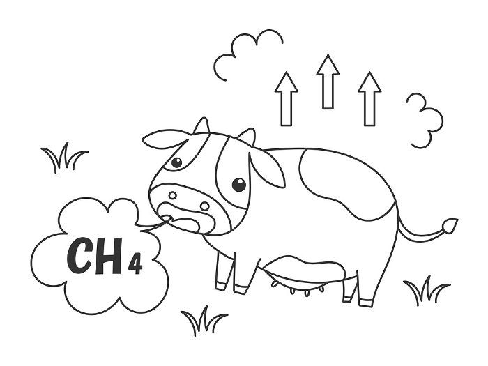 Line drawing monochrome illustration of cow burp, CH4