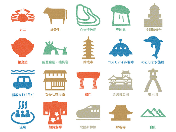 Set of Ishikawa's famous sightseeing icons_color cork pattern