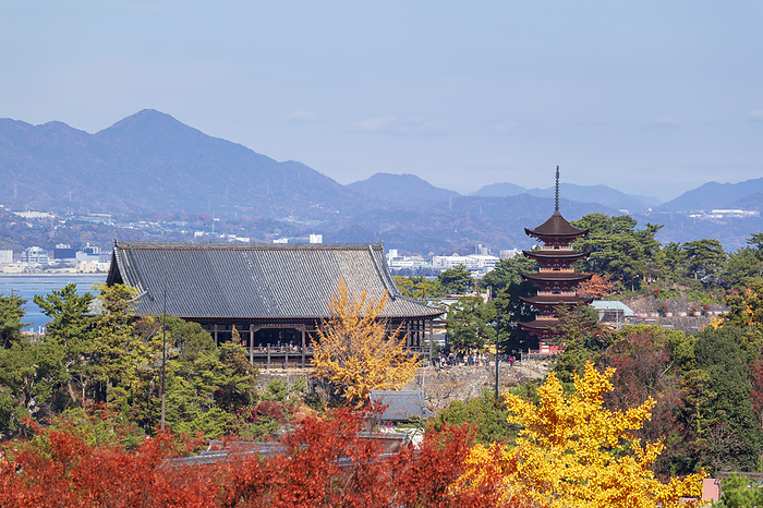 Five-storied Pagoda and Senjo-kaku Pavilion on Miyajima viewed from Daisho-in Temple, Hiroshima Prefecture