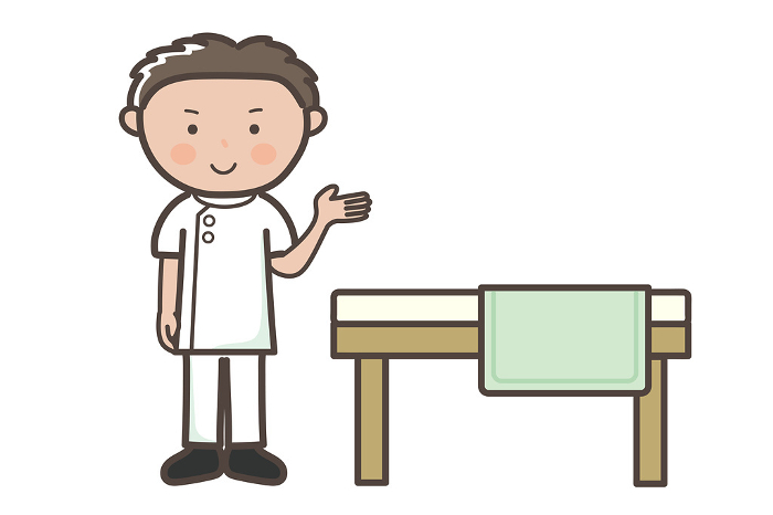 Clip art of male bodyworker and masseuse guiding someone to a massage bed