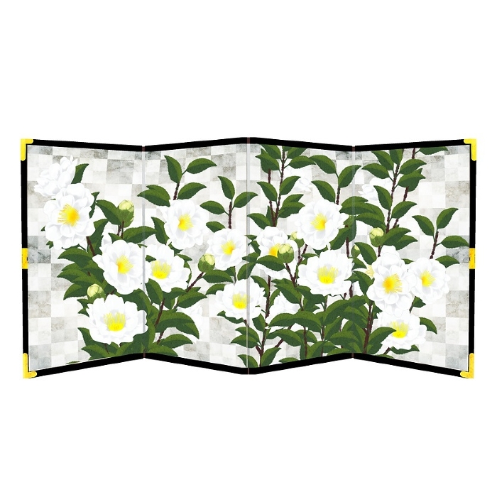 Silver folding screen with white mountain tea blossoms
