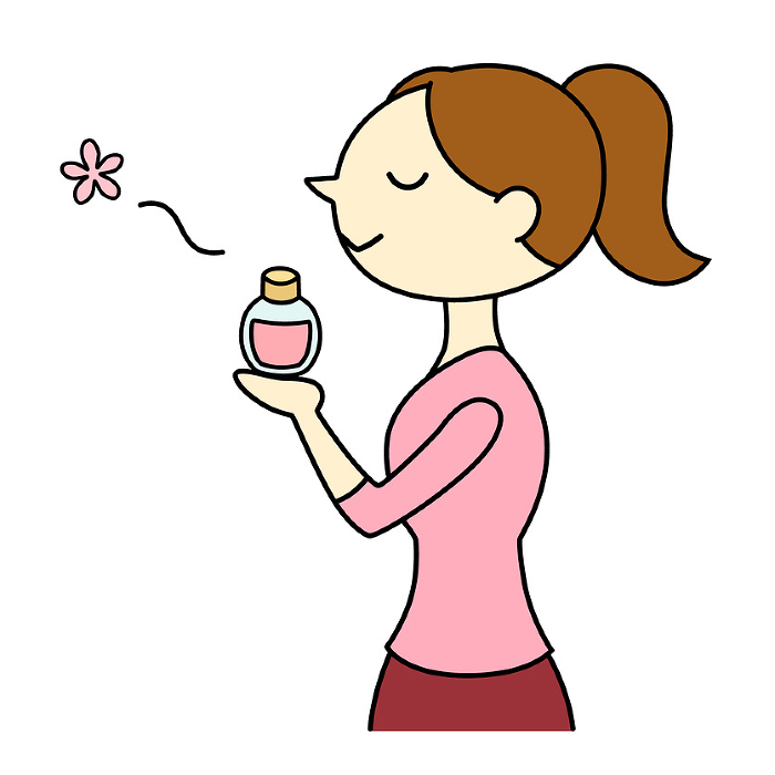 Woman with ponytail enjoying the scent of perfume, main line present