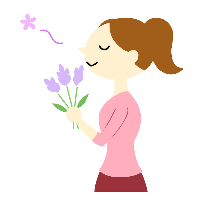 Woman with ponytail enjoying lavender fragrance No main line