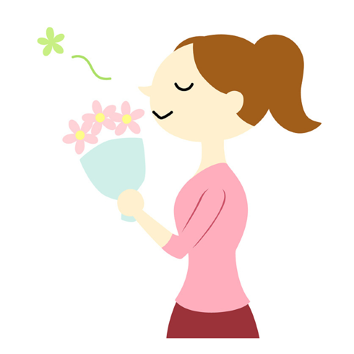Woman with ponytail enjoying fragrance of bouquet No main line