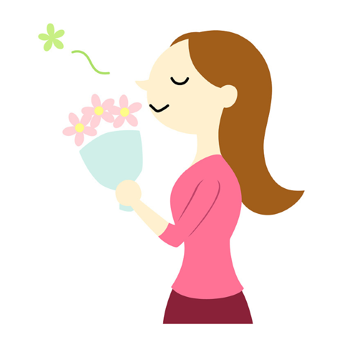 Woman with long hair enjoying bouquet scent No main line
