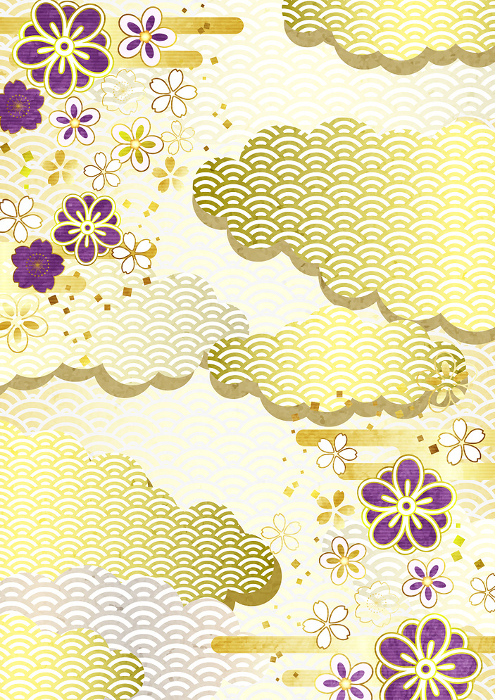 Cherry Blossoms, Blue Sea Waves, Clouds, Japanese Pattern, Japanese Pattern, Background, Illustration, Vertical, Gold