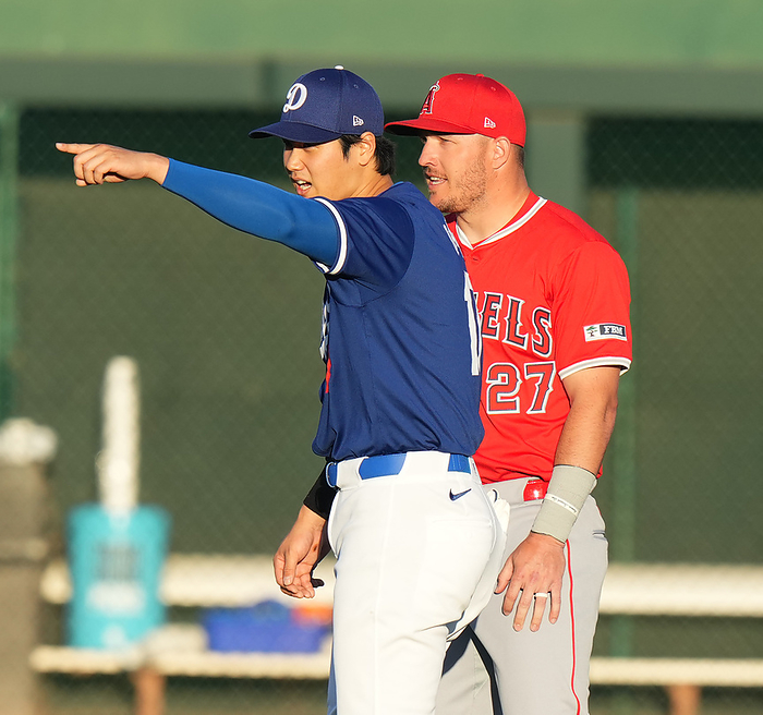 2024 MLB Open Game Ohtani reunited with former colleague Trout Shohei Ohtani, Dodgers, chats with Mike Trout, Angels  right  before the Dodgers Angels game, March 5, 2024  photo date 20240305  location Glendale, Arizona, USA