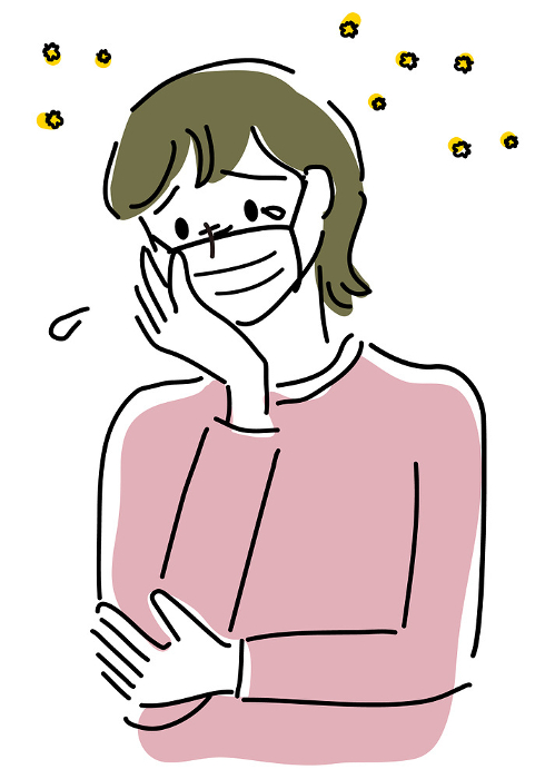 Simple line drawing of a woman wearing a mask due to hay fever