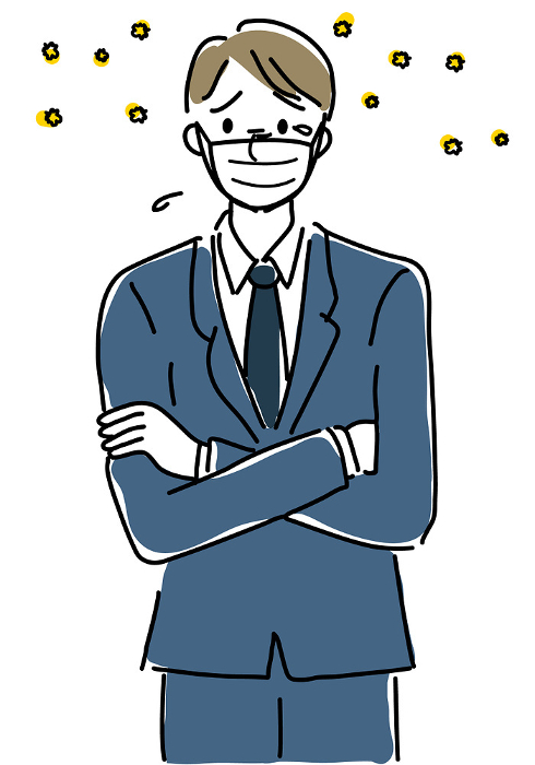 Simple line drawing of a businessman with hay fever (with mask)