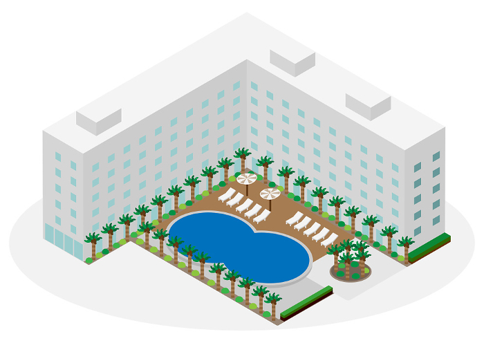 Image of a resort hotel with isometric swimming pool