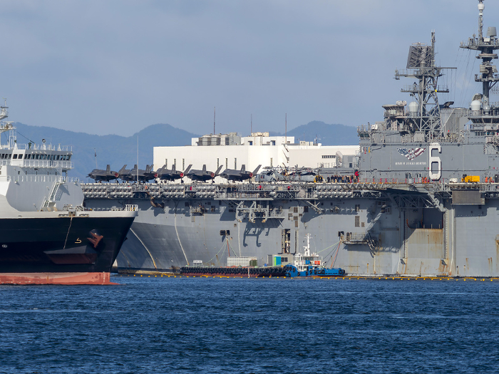 The U.S.S. America, a U.S.-class assault ship, anchored in Osaka's Nanko South Port