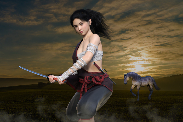 A female warrior holding a sword with a horse behind her.