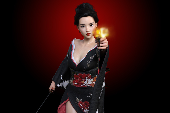 Japanese woman in bewitching kimono firing a gun